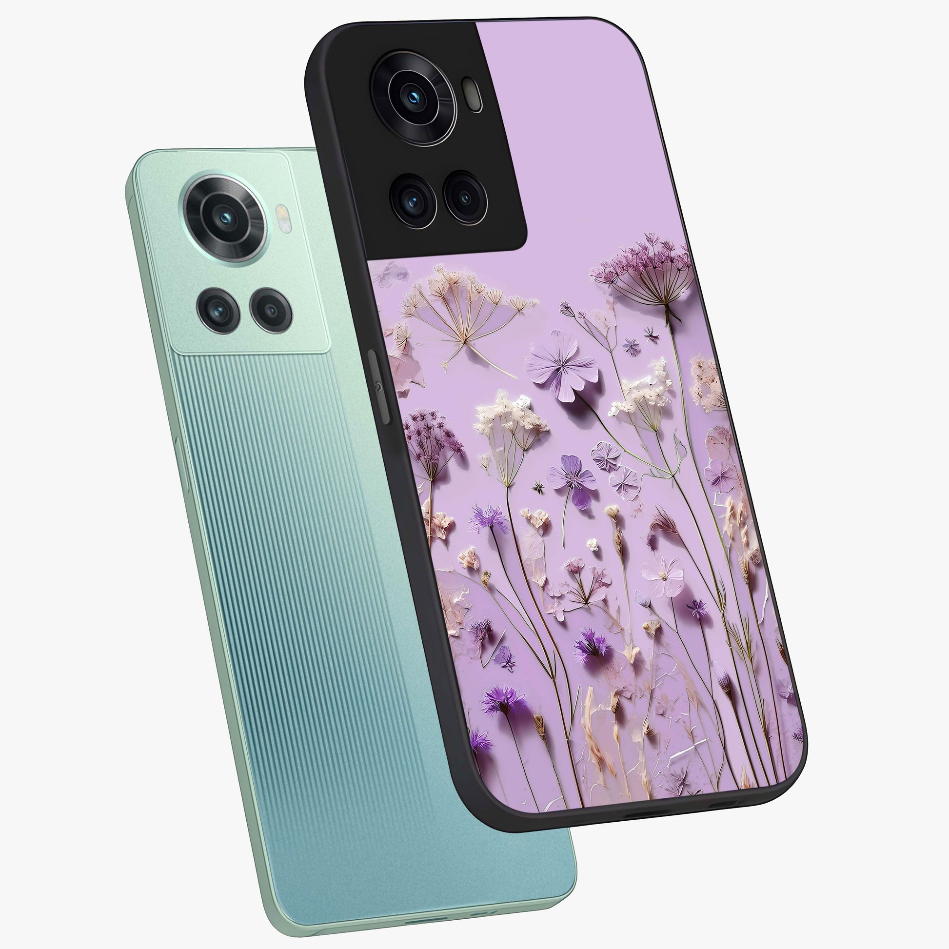Lavender Blossom Dream Glass Case for 1+10R angled mockup showcasing glossy finish and pastel purple tones