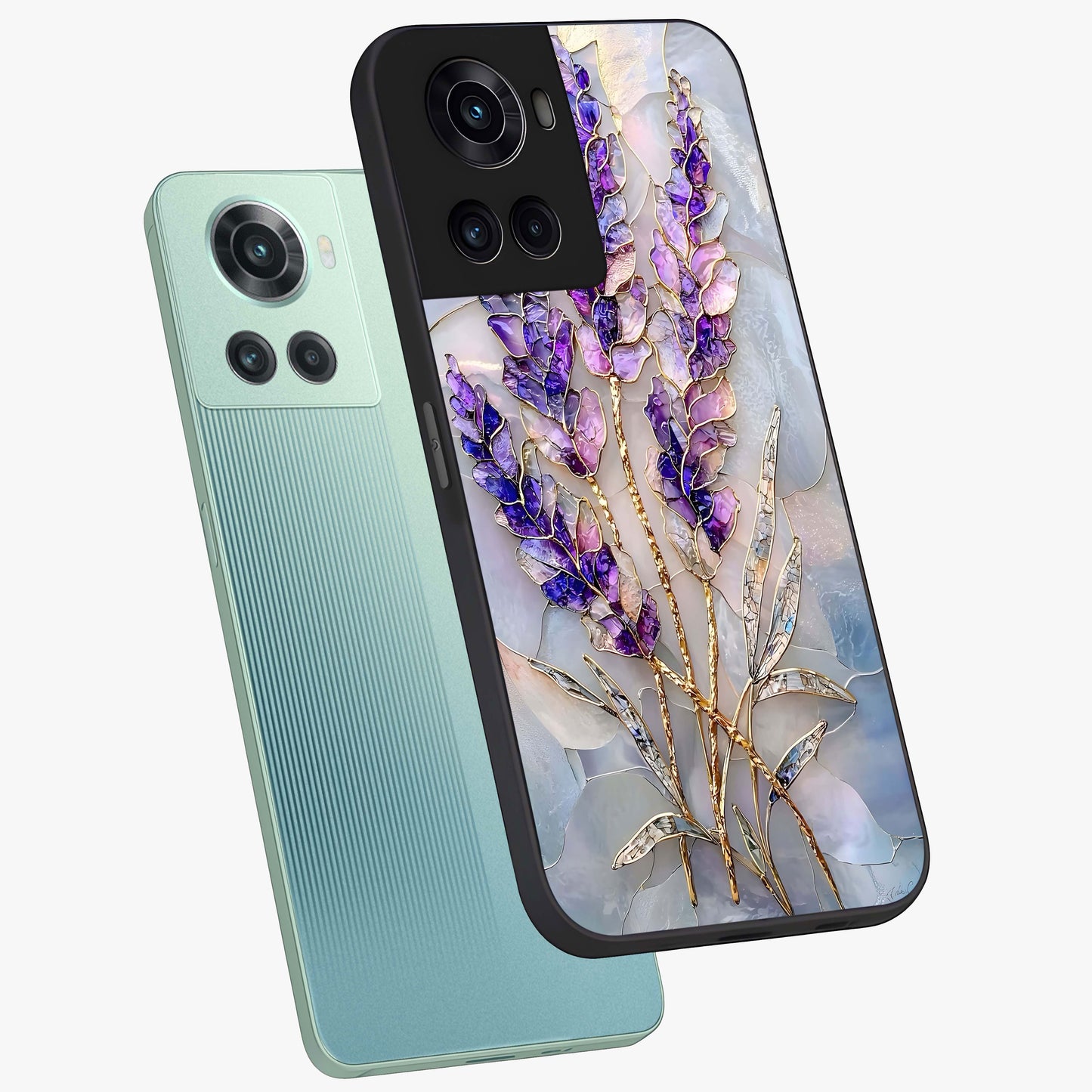 Lavender Dream Glow Glass Case for 1+10R angled mockup showcasing glossy finish and luminous purple gradients