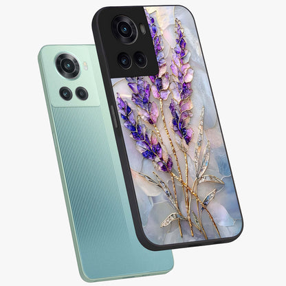 Lavender Dream Glow Glass Case for 1+10R angled mockup showcasing glossy finish and luminous purple gradients
