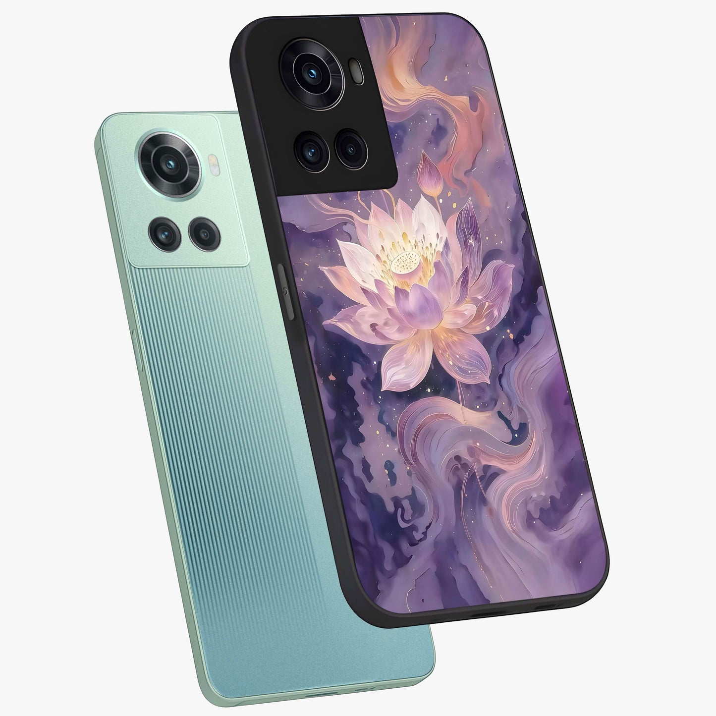 Lavender Lotus Muse Glass Case for 1+10R angled mockup showcasing glossy finish and refined floral detailing