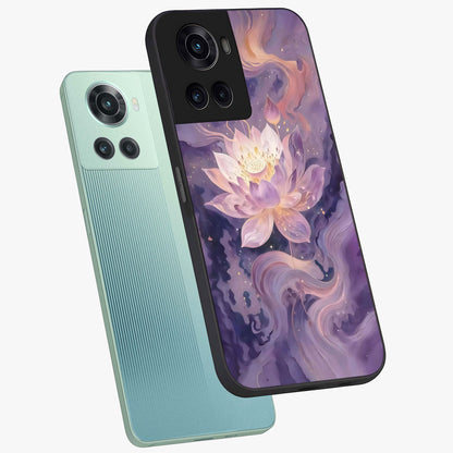 Lavender Lotus Muse Glass Case for 1+10R angled mockup showcasing glossy finish and refined floral detailing