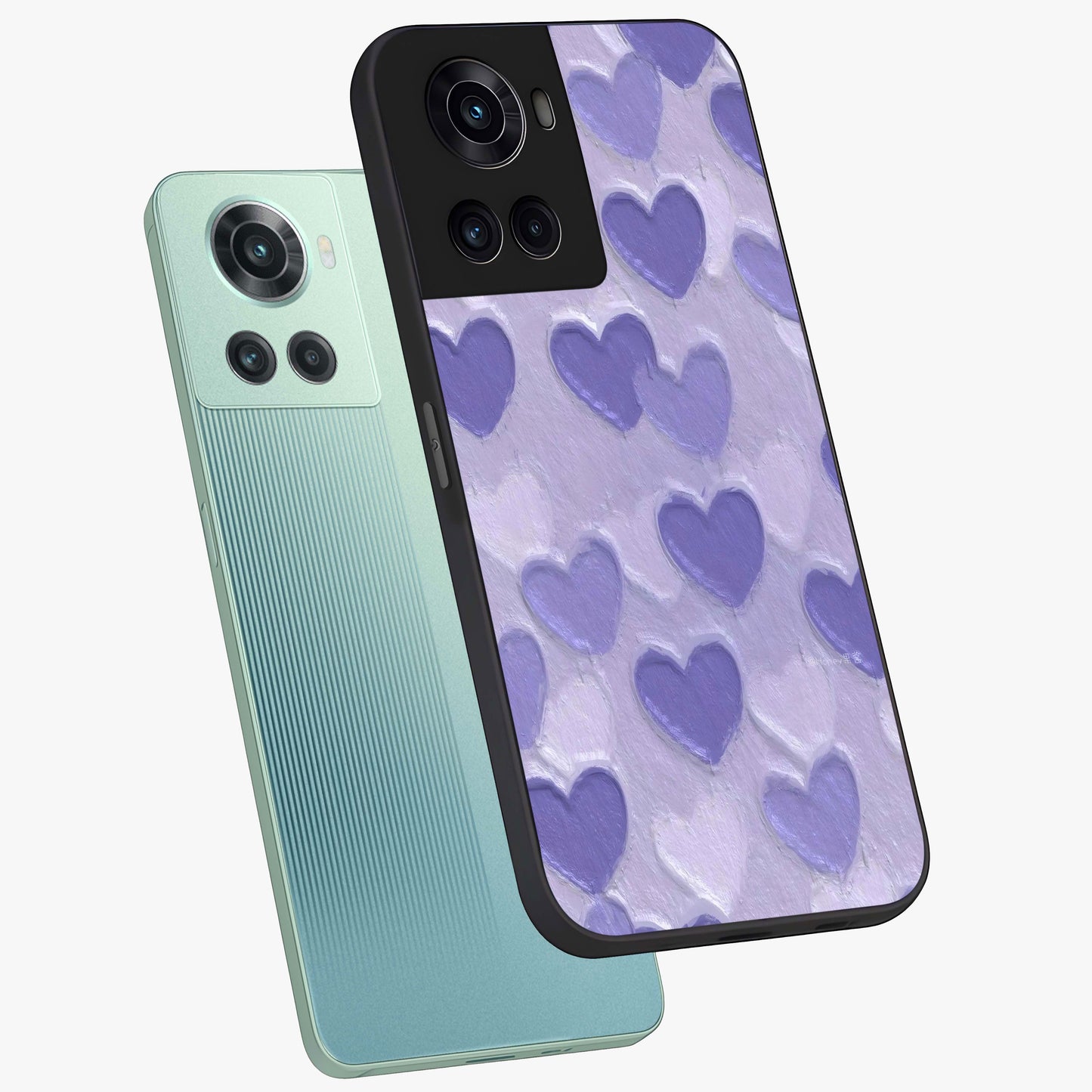 Lavender Paper Hearts Glass Case for 1+10R angled mockup showcasing glossy finish and playful pastel detailing