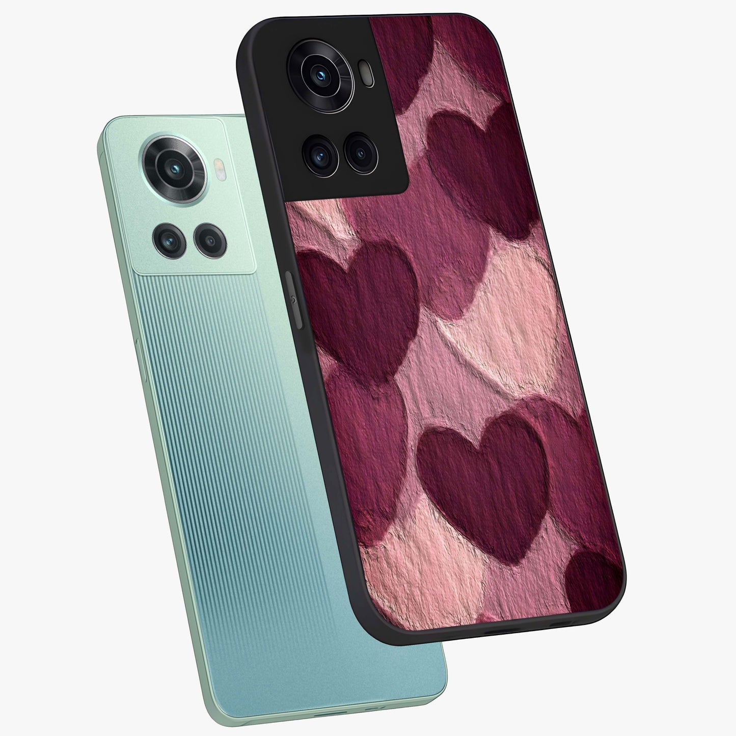 Layered Paper Hearts Glass Case for 1+10R angled mockup showcasing glossy finish and soft romantic tones