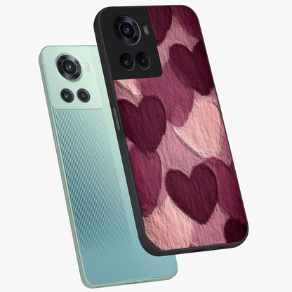 Layered Paper Hearts Glass Case for 1+10R angled mockup showcasing glossy finish and soft romantic tones