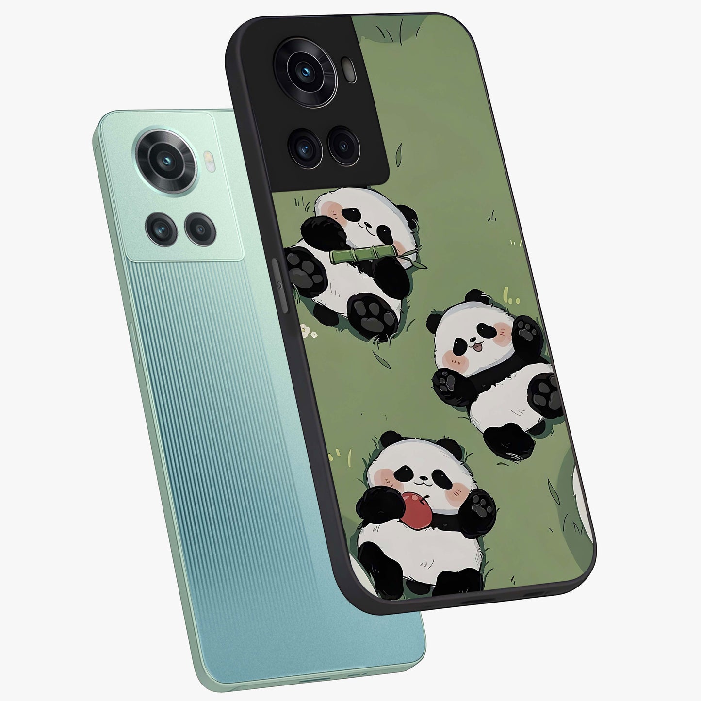 Lazy Panda Picnic Glass Case for 1+10R angled mockup showcasing glossy finish and vibrant cartoon detailing