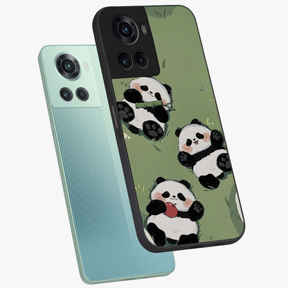Lazy Panda Picnic Glass Case for 1+10R angled mockup showcasing glossy finish and vibrant cartoon detailing