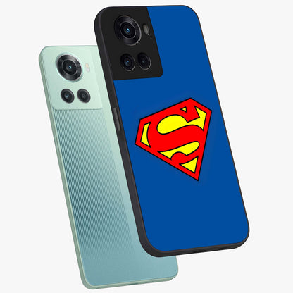 Legendary Hero Emblem Glass Case for 1+10R angled mockup showcasing glossy glass finish and strong graphic detailing