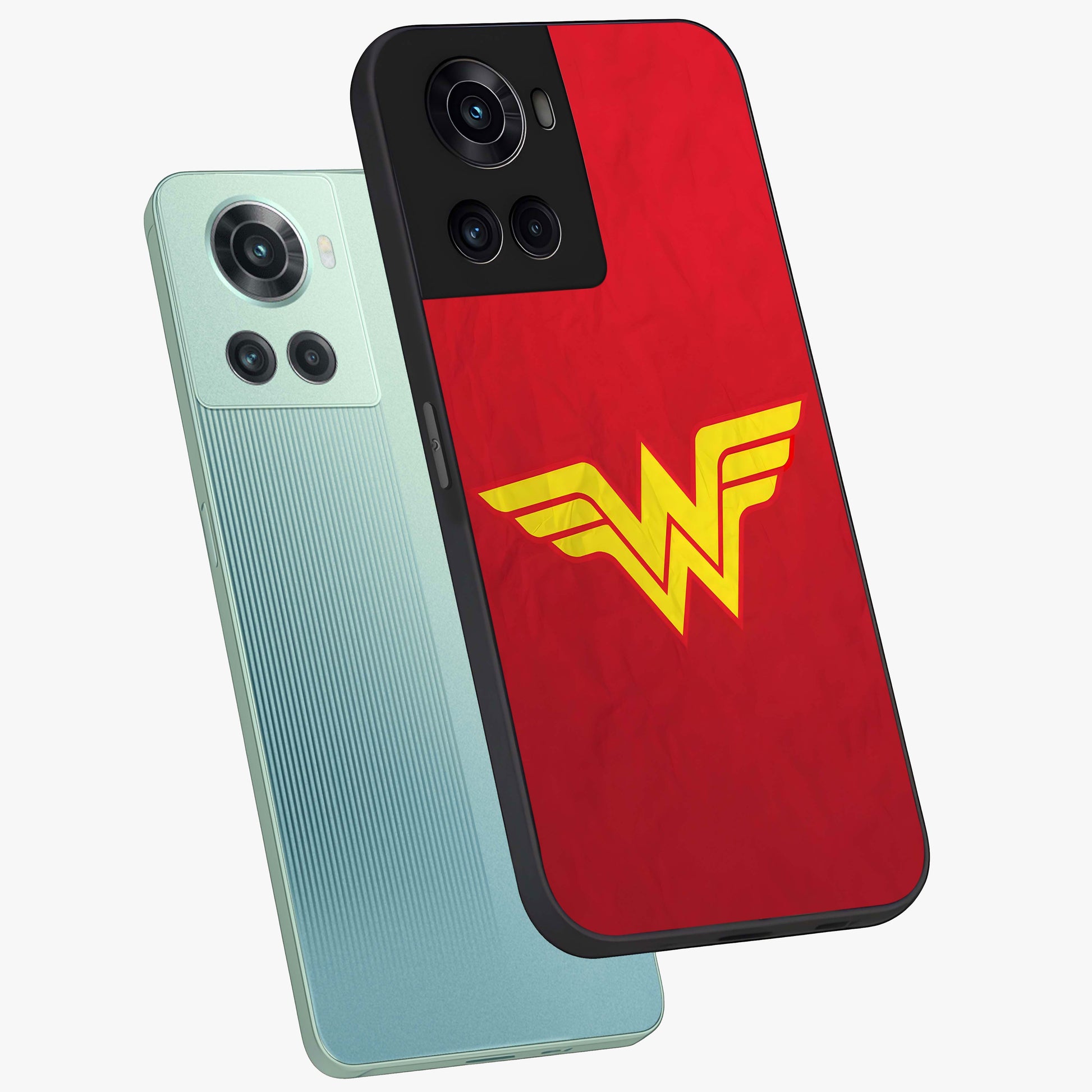 Legendary Wonder Power Glass Case for 1+10R angled mockup showcasing glossy finish and vibrant power tones