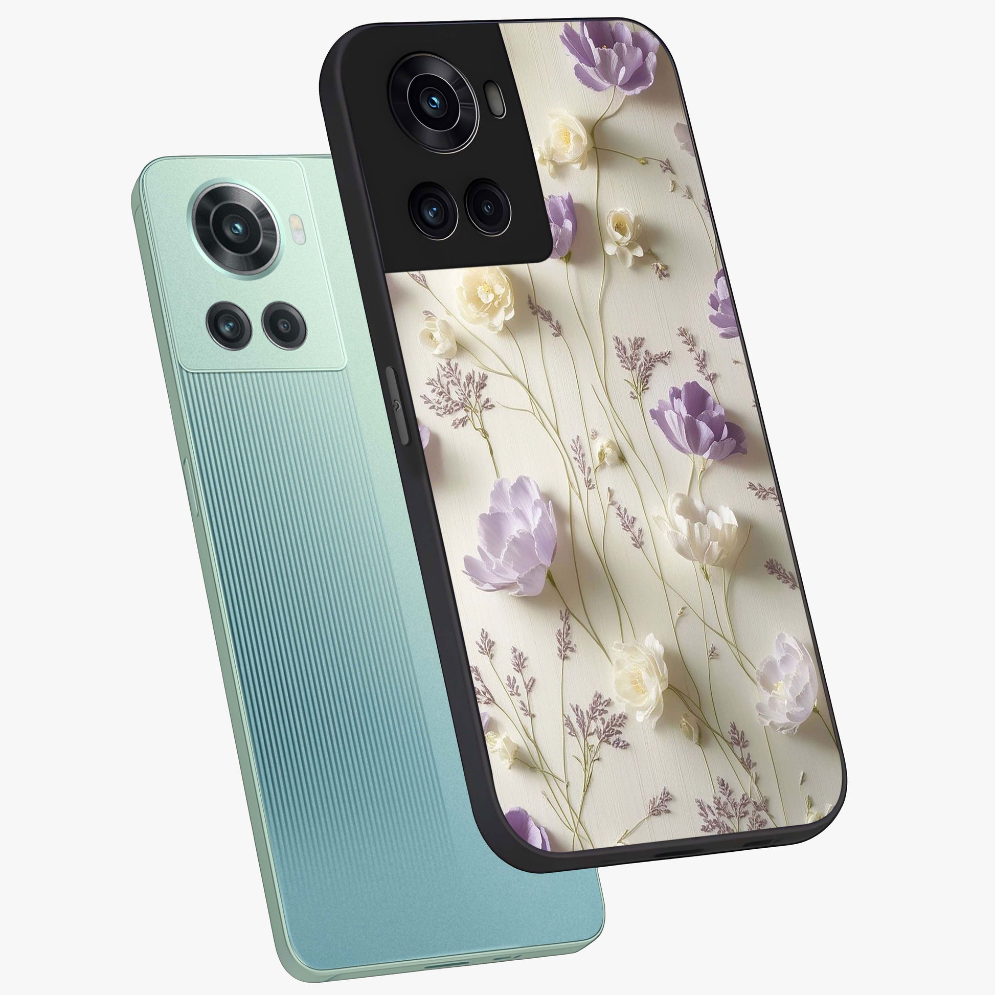 Lilac Breeze Harmony Glass Case for 1+10R angled mockup showcasing glossy finish and pastel purple tones