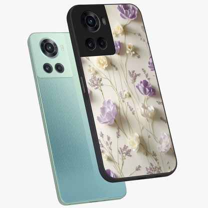 Lilac Breeze Harmony Glass Case for 1+10R angled mockup showcasing glossy finish and pastel purple tones