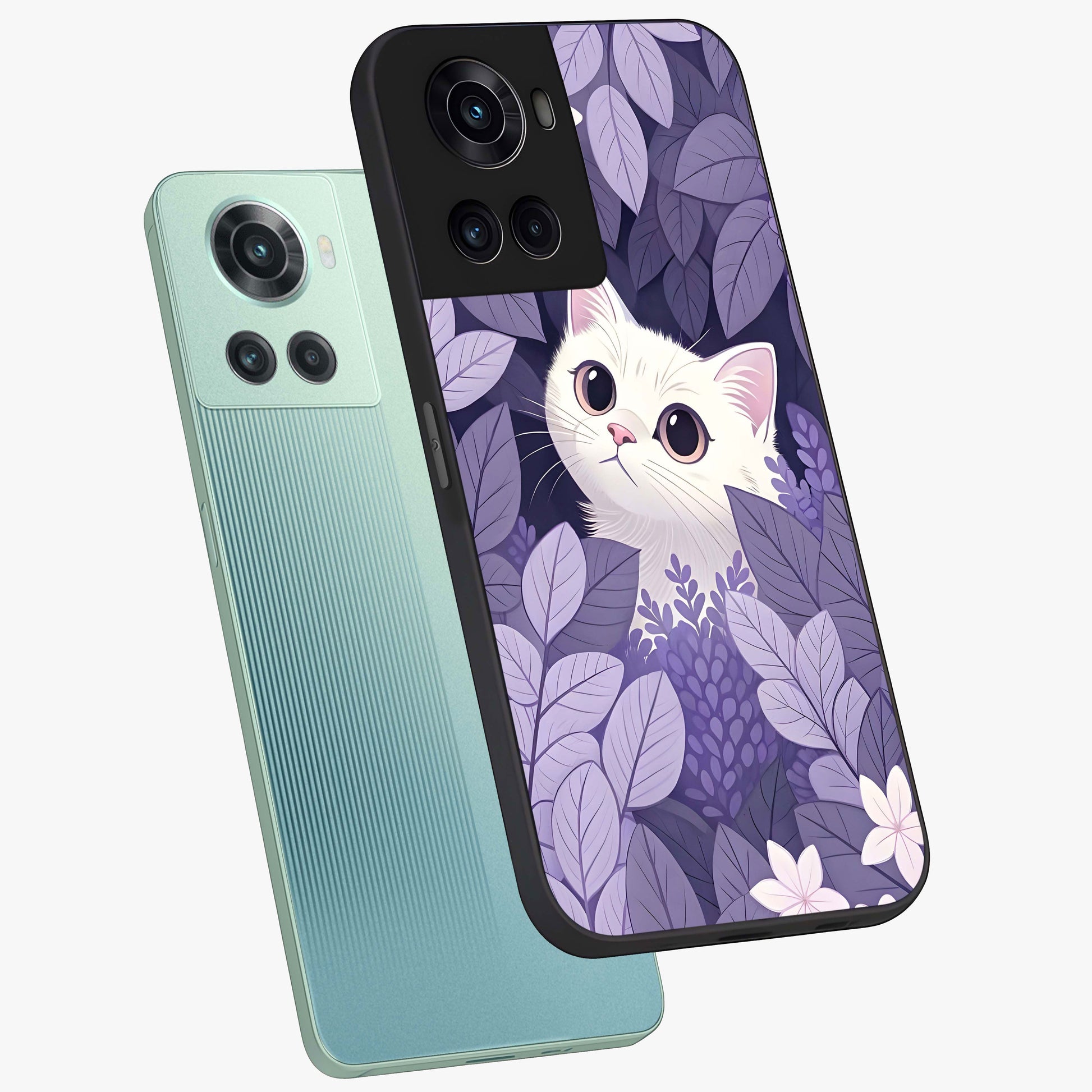 Lilac Hide Peek Cat Glass Case for 1+10R angled mockup showcasing glossy finish and cute character detailing