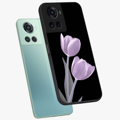 Lilac Tulip Flowers Glass Case for 1+10R angled mockup showcasing glossy finish and delicate bloom detailing