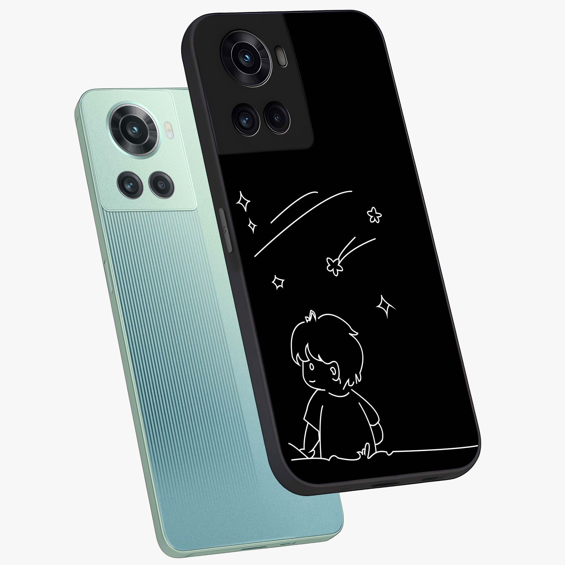 Line Art Boy With Shooting Stars Glass Case for 1+10R angled mockup showcasing glossy finish and clean monochrome detailing