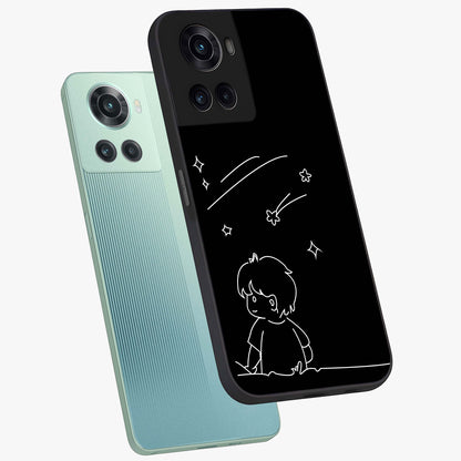 Line Art Boy With Shooting Stars Glass Case for 1+10R angled mockup showcasing glossy finish and clean monochrome detailing