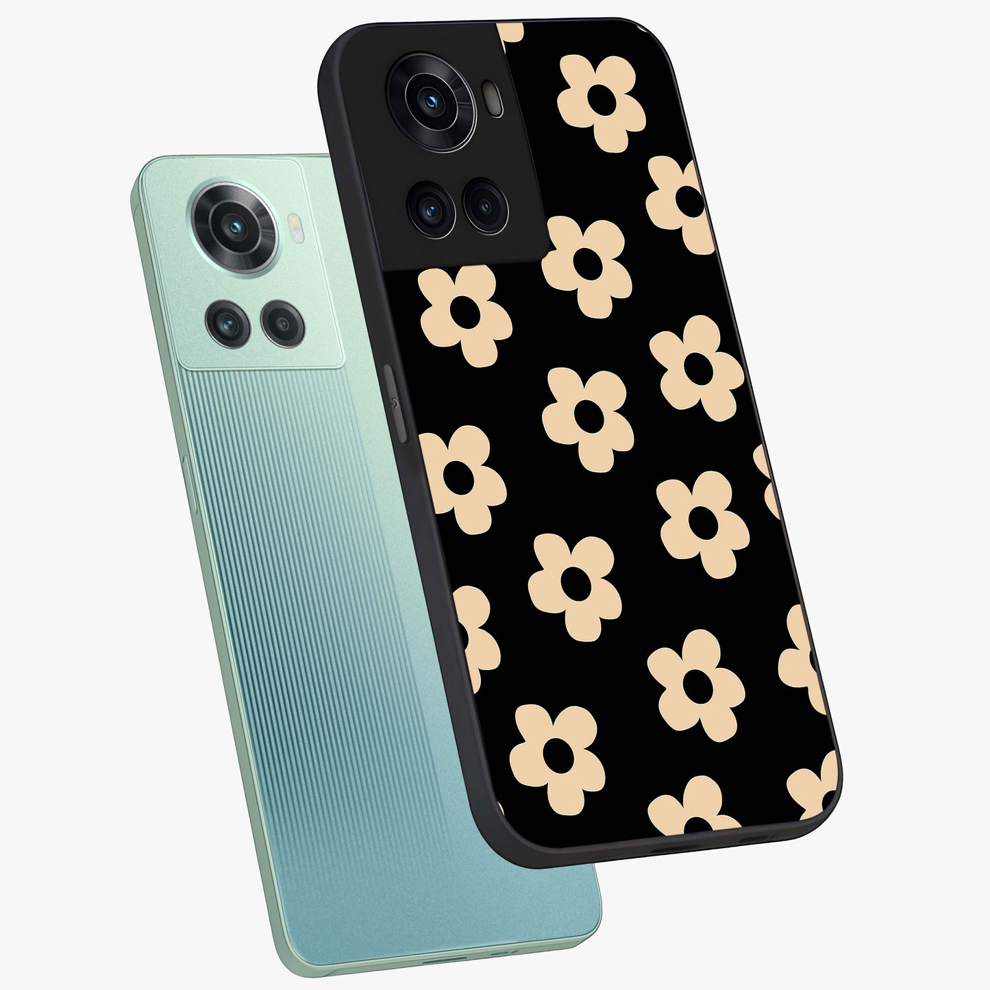 Little Daisy Flower Retro Pattern Glass Case for 1+10R angled mockup showcasing glossy finish and vintage bloom tones