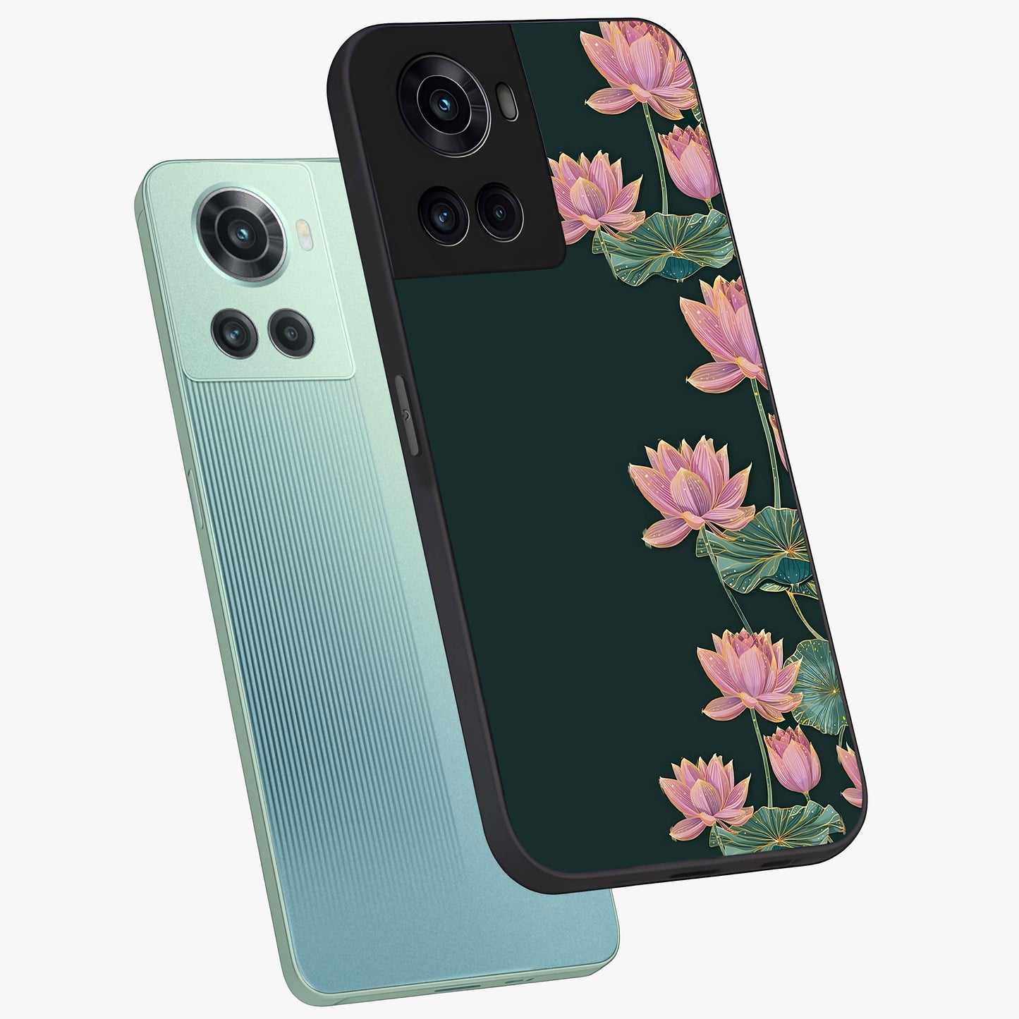 Lotus Bloom Serenity Glass Case for 1+10R angled mockup showcasing glossy glass finish and calming tones