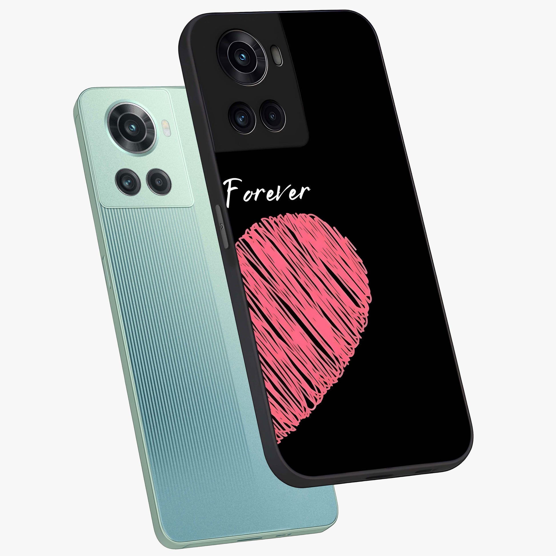 Love Forever Together Right Glass Case for 1+10R angled mockup showcasing glossy finish and warm aesthetic tones