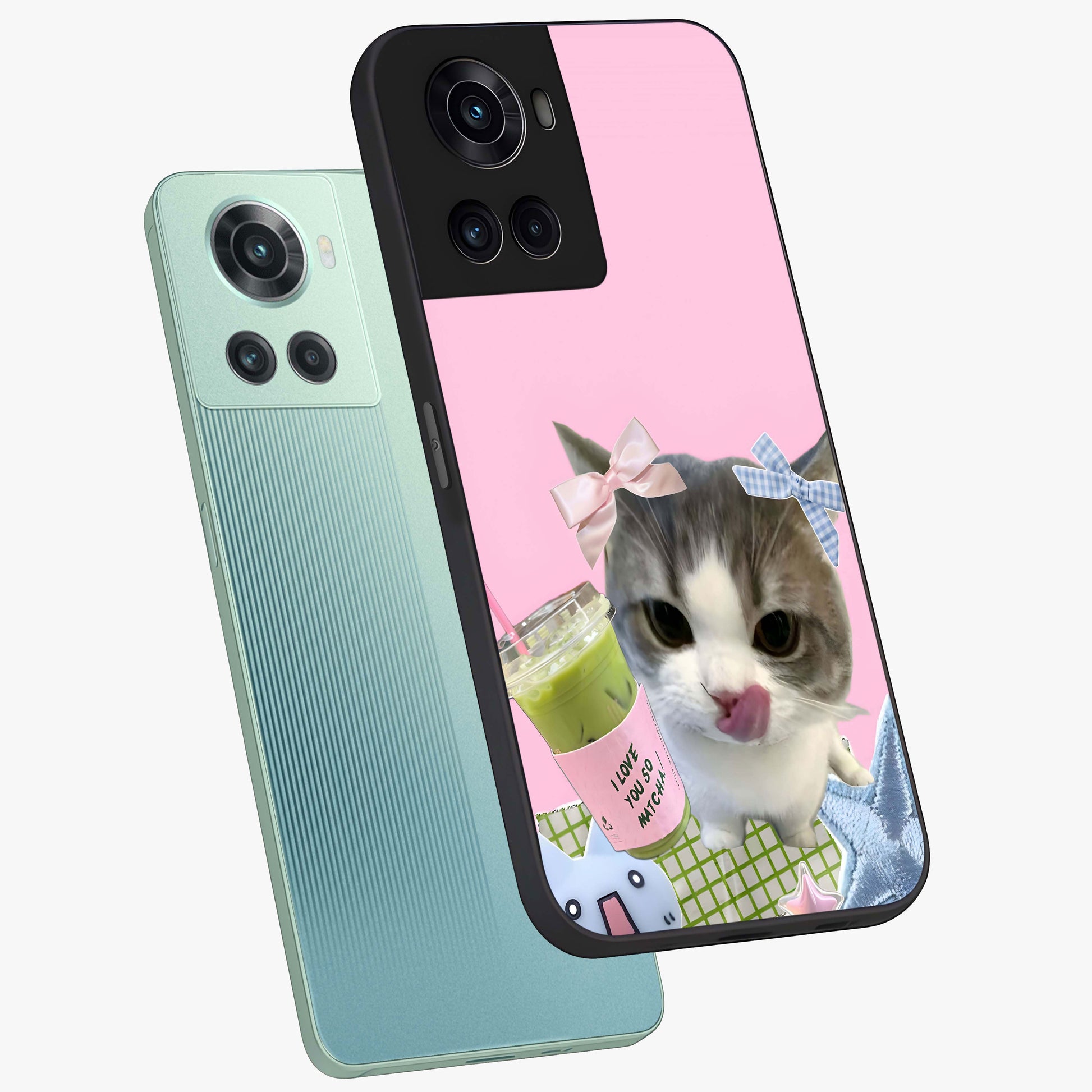 Love Matcha Cat Glass Case for 1+10R angled mockup showcasing glossy finish and playful pastel tones