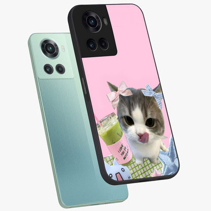 Love Matcha Cat Glass Case for 1+10R angled mockup showcasing glossy finish and playful pastel tones