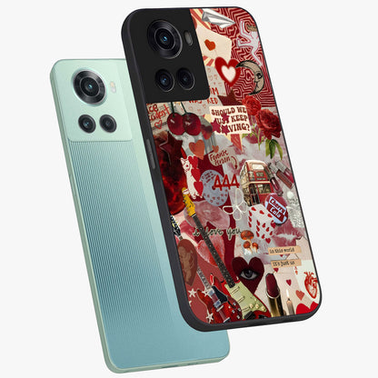 Lover’S Red Chaos Glass Case for 1+10R angled mockup showcasing glossy finish and dramatic crimson tones