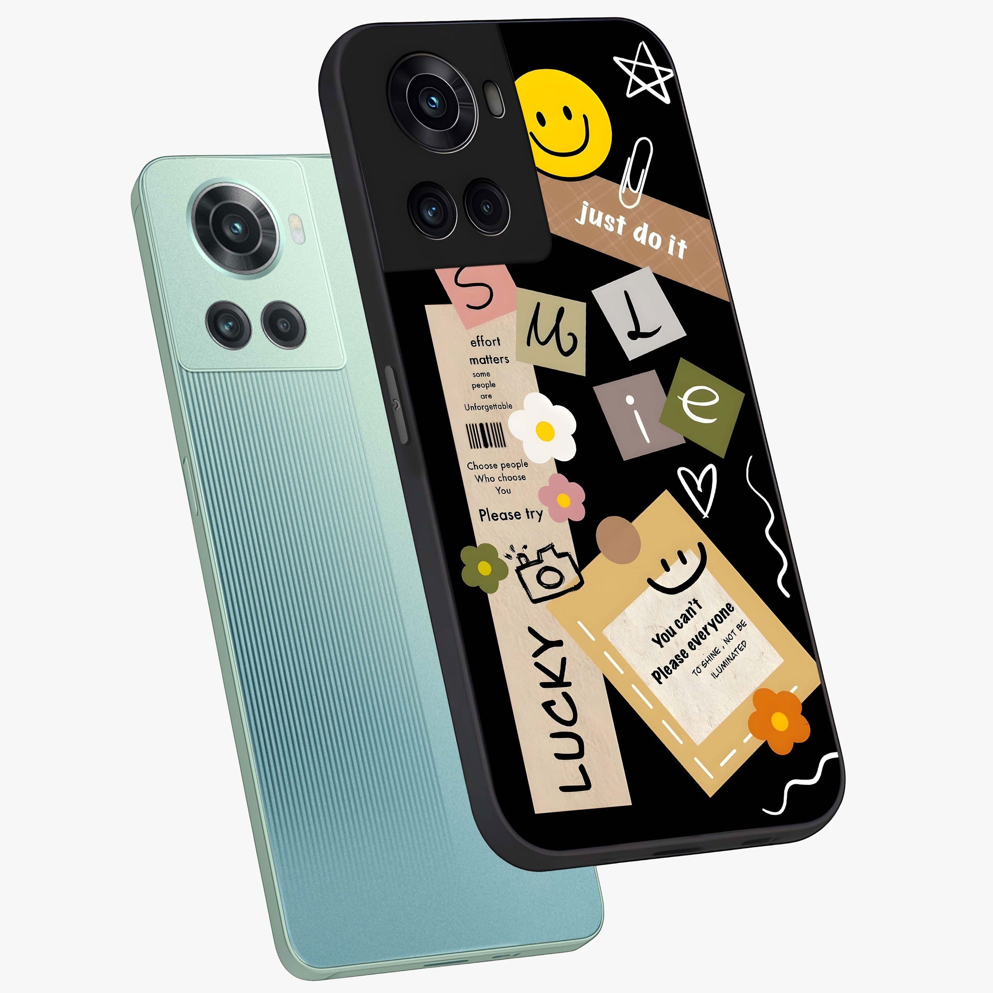 Lucky Aesthetic Collage Case Glass Case for 1+10R angled mockup showcasing glossy finish and colorful textures