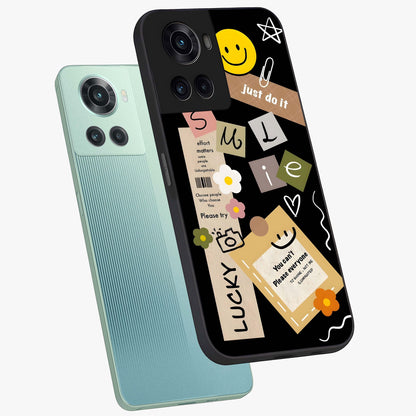 Lucky Aesthetic Collage Case Glass Case for 1+10R angled mockup showcasing glossy finish and colorful textures