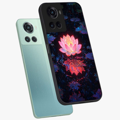 Luminous Lotus Glow Glass Case for 1+10R angled mockup showcasing glossy finish and warm luminous tones