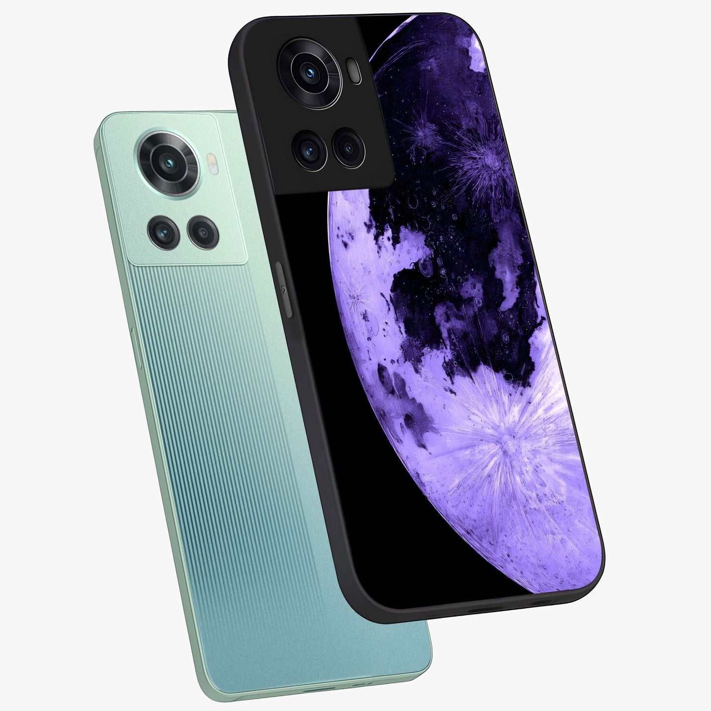 Lunar Glow in Violet Glass Case for 1+10R angled mockup showcasing glossy finish and soft purple gradients