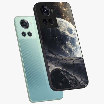 Lunar Horizon Glow Glass Case for 1+10R angled mockup showcasing glossy finish and warm night tones