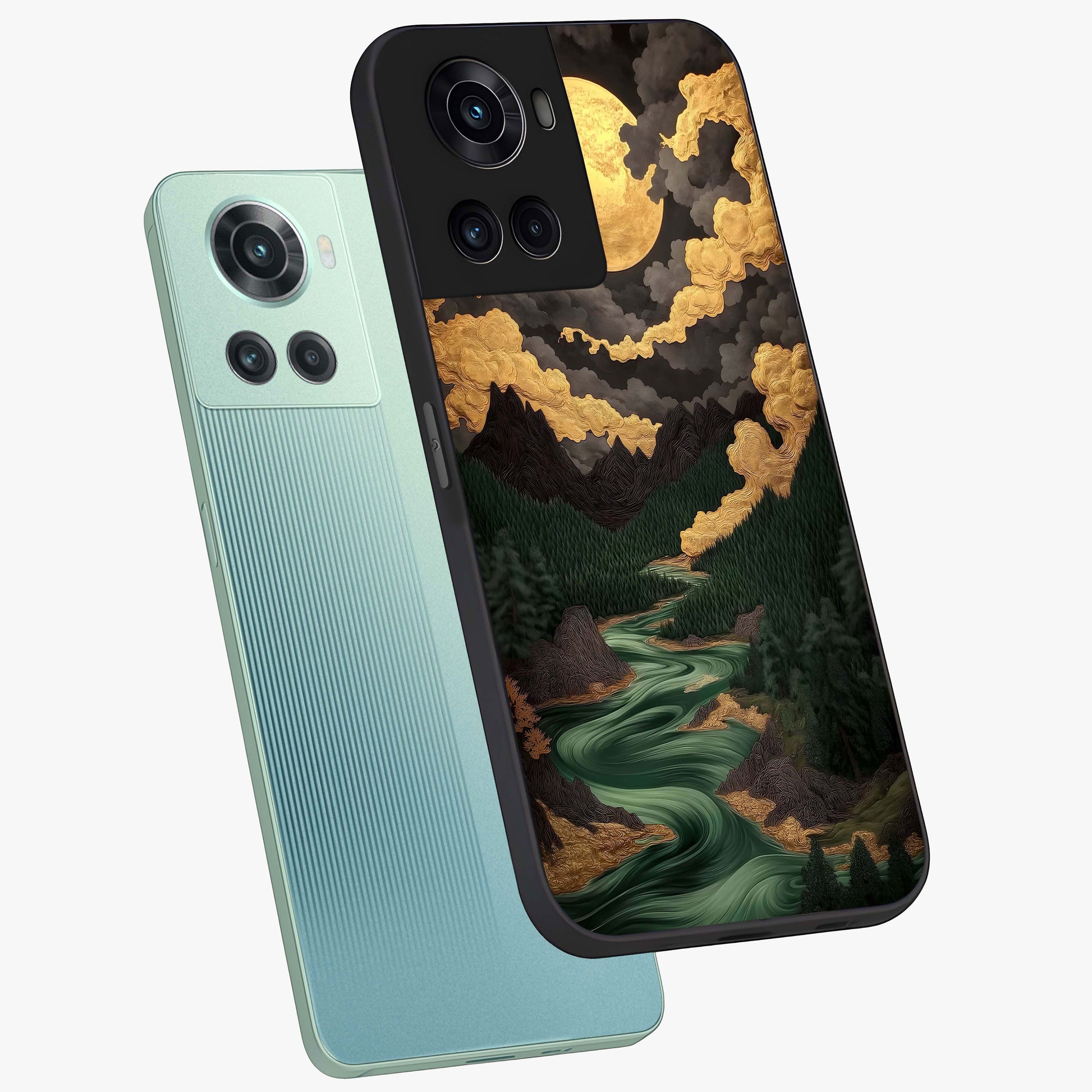 Lunar Silk Garden Glass Case for 1+10R angled mockup showcasing glossy glass finish and silky gradient textures