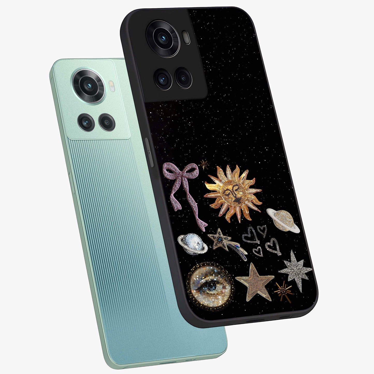 Magical Jewelry Vibe Glass Case for 1+10R angled mockup showcasing glossy finish and sparkling detailing
