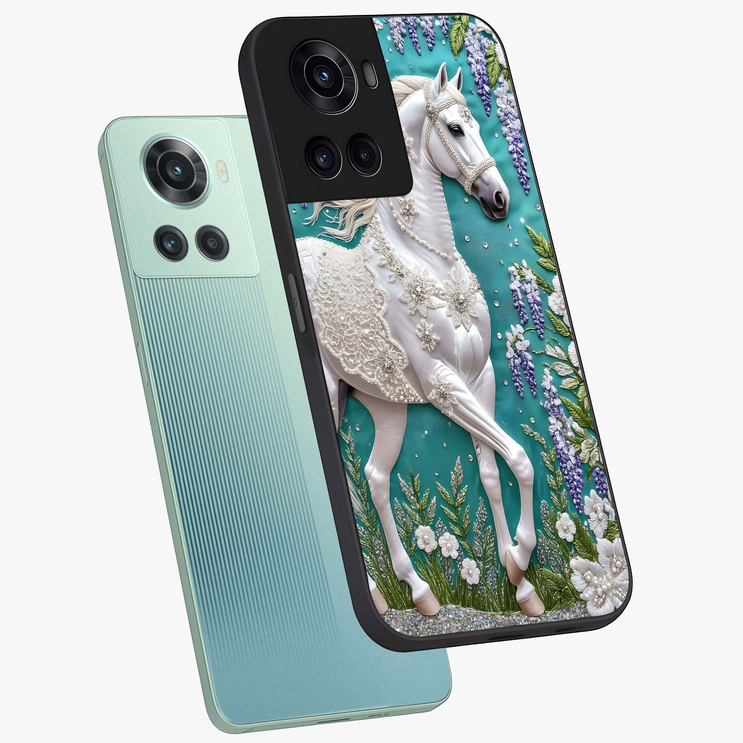 Majestic Floral Stallion Glass Case for 1+10R angled mockup showcasing glossy finish and vibrant artistic tones