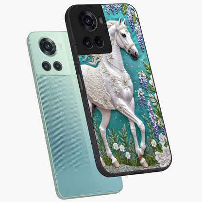 Majestic Floral Stallion Glass Case for 1+10R angled mockup showcasing glossy finish and vibrant artistic tones