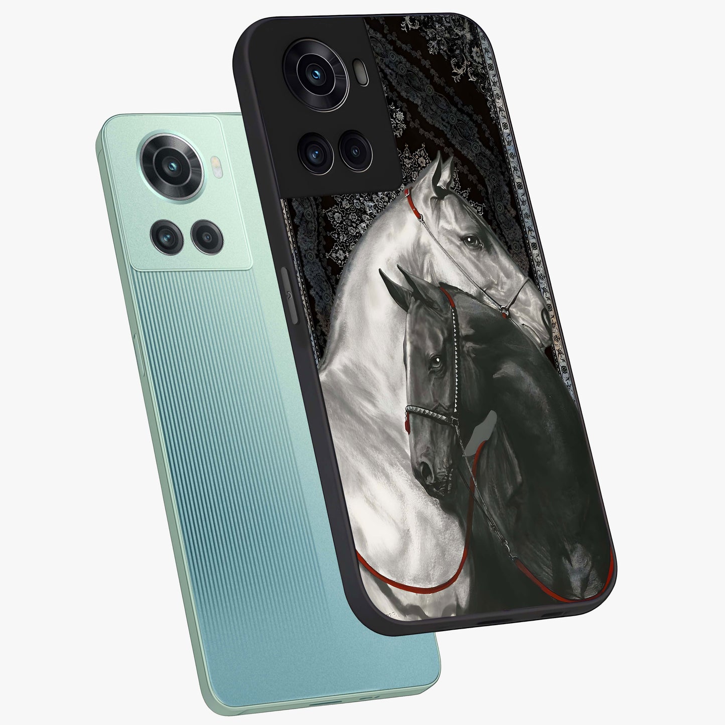 Majestic Ride Legacy Glass Case for 1+10R angled mockup showcasing glossy finish and strong graphic detailing
