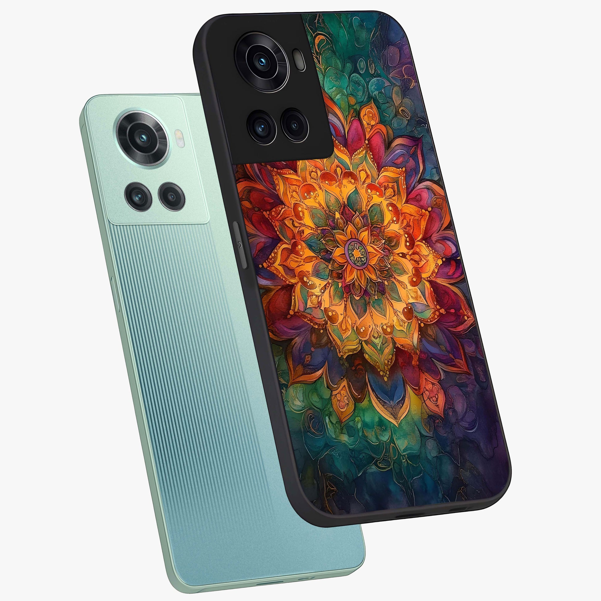 Mandala Vibrants Glass Case for 1+10R angled mockup showcasing glossy finish and intricate geometric detailing