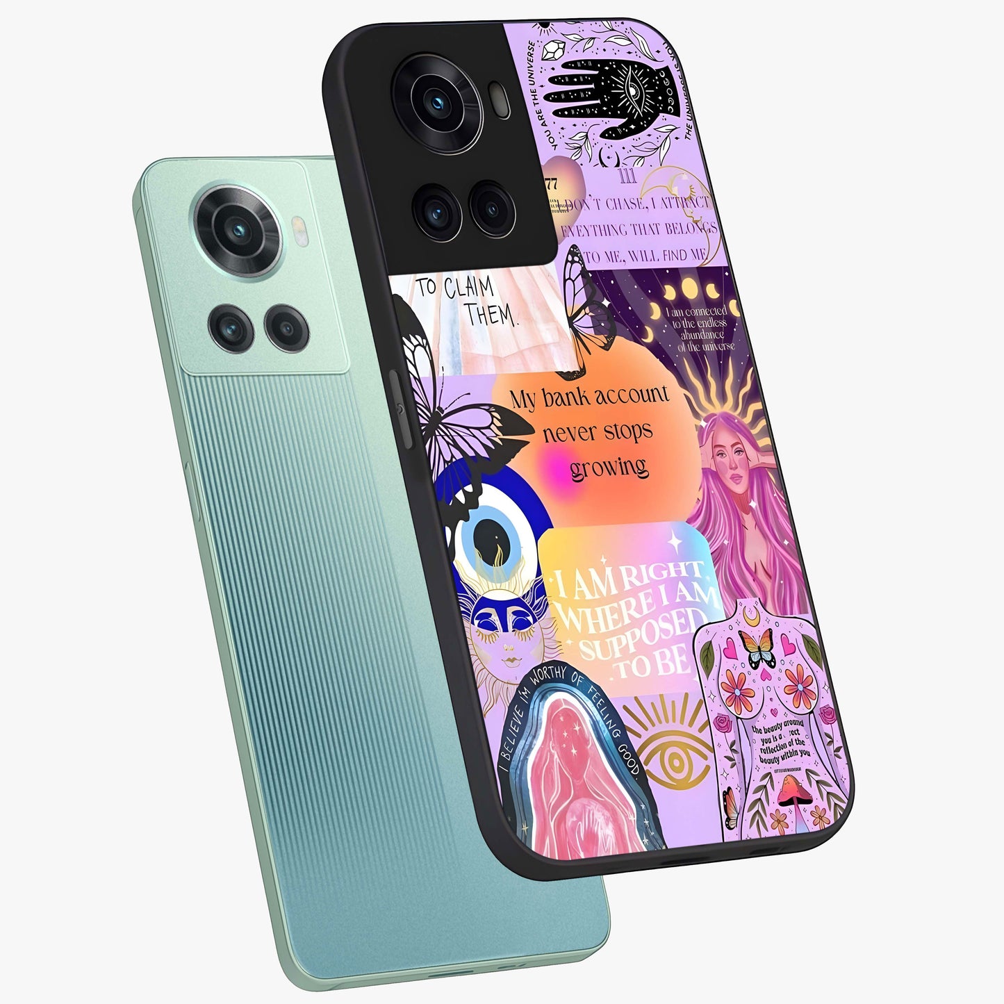 Manifestation Collage Glass Case for 1+10R angled mockup showcasing glossy finish and layered artistic textures