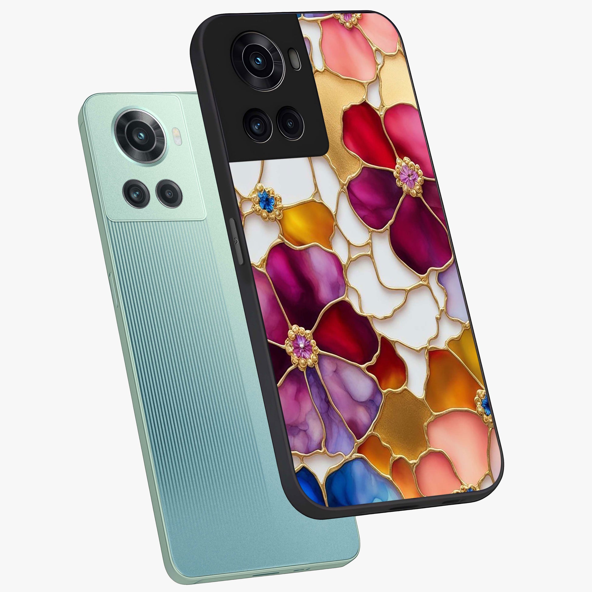 Marble Flower Pattern Glass Case for 1+10R angled mockup showcasing glossy finish and detailed bloom accents