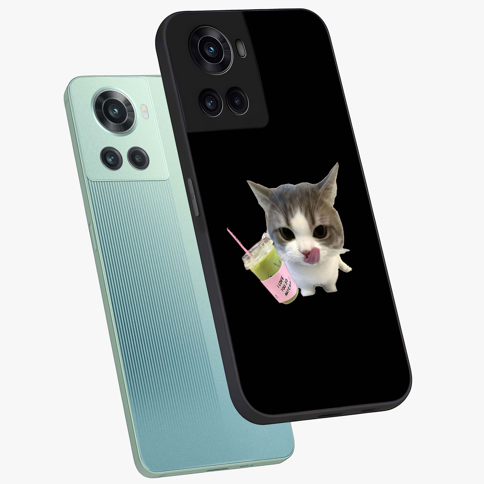 Matcha Cat Style Glass Case for 1+10R angled mockup showcasing glossy glass finish and playful pastel detailing