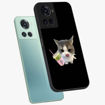 Matcha Cat Style Glass Case for 1+10R angled mockup showcasing glossy glass finish and playful pastel detailing