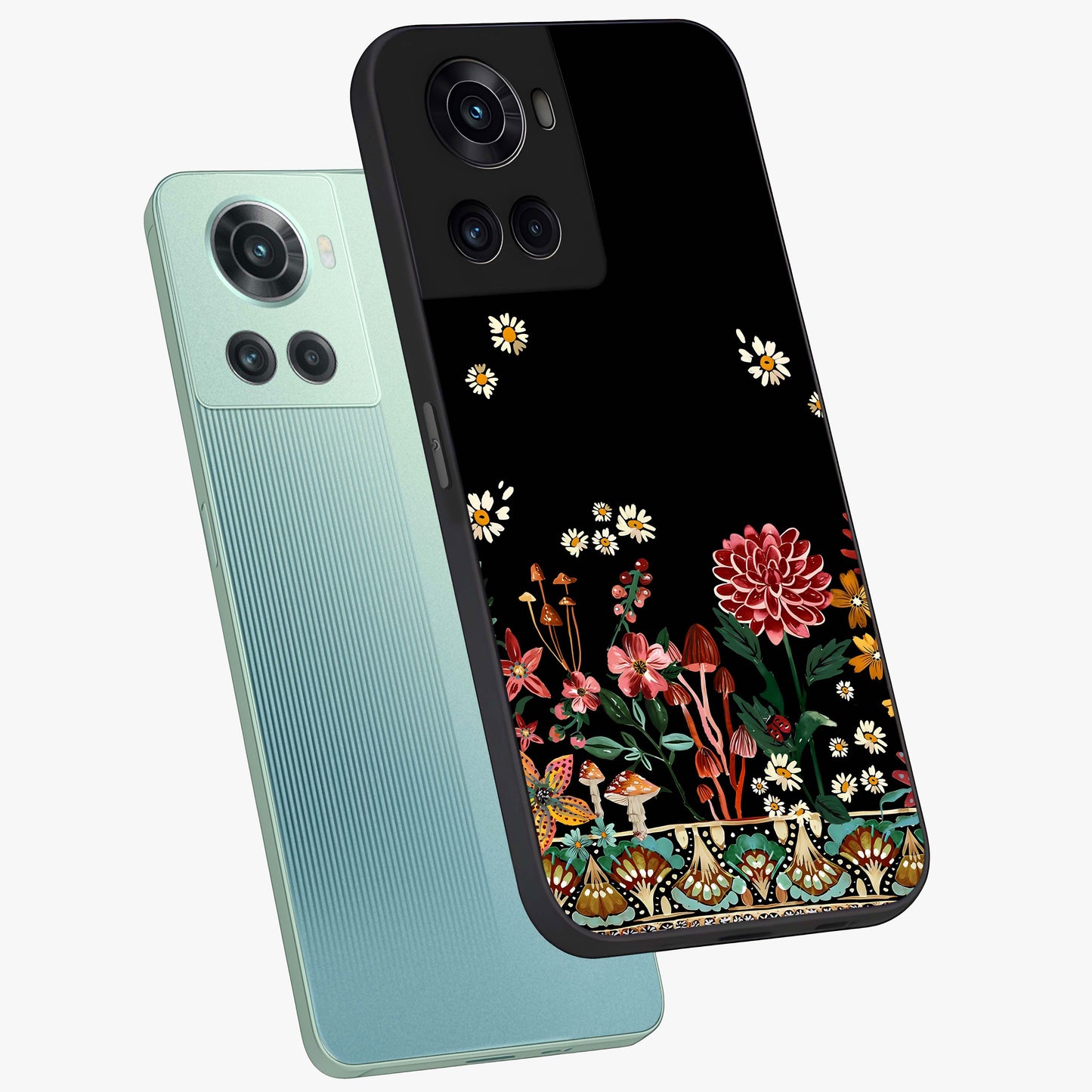 Midnight Bloom Pattern Glass Case for 1+10R angled mockup showcasing glossy finish and rich bloom detailing