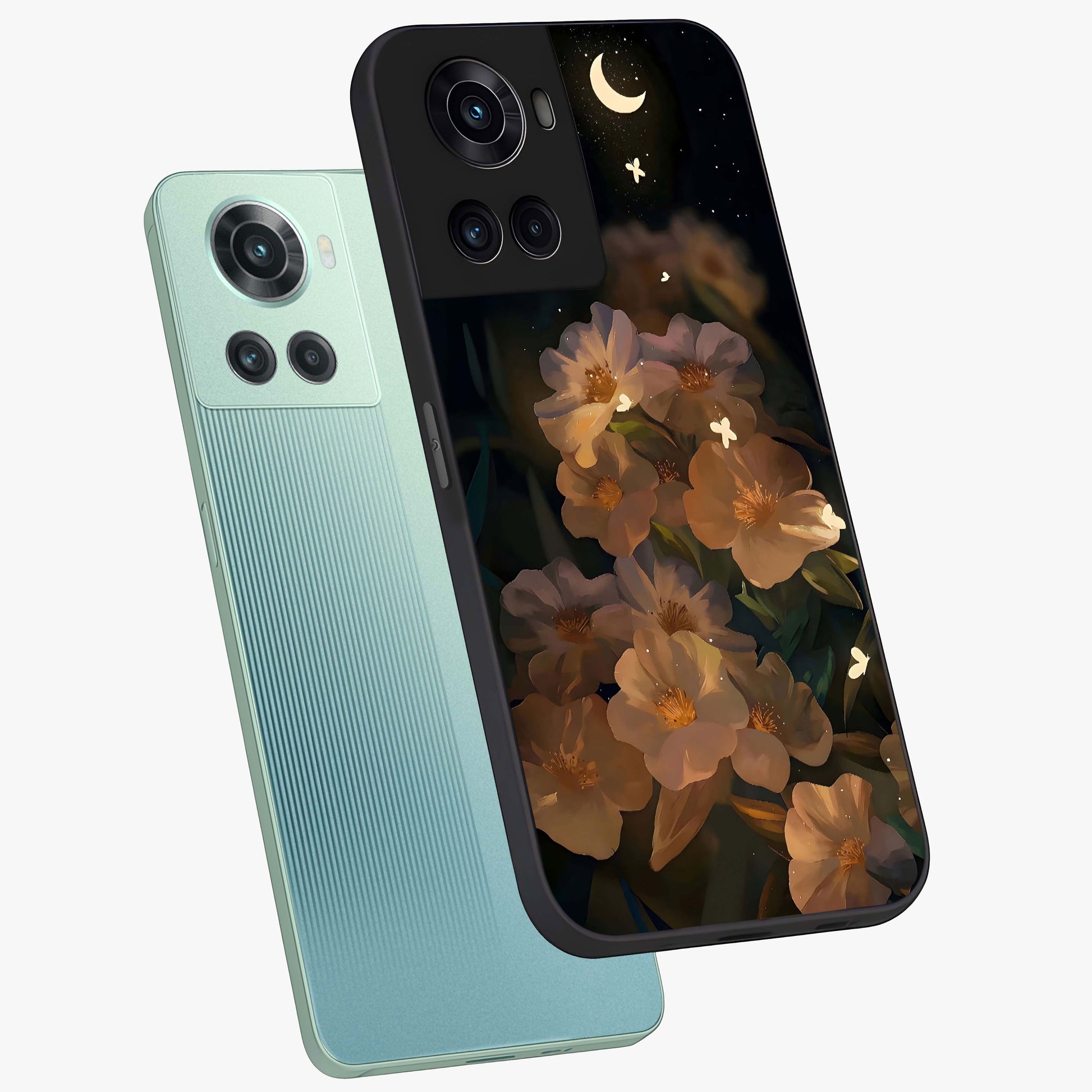 Midnight Bloom Trail Glass Case for 1+10R angled mockup showcasing glossy finish and luminous bloom accents