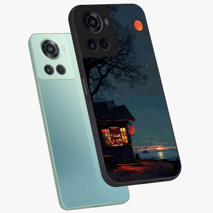 Midnight Lantern Glow Glass Case for 1+10R angled mockup showcasing glossy finish and warm luminous tones