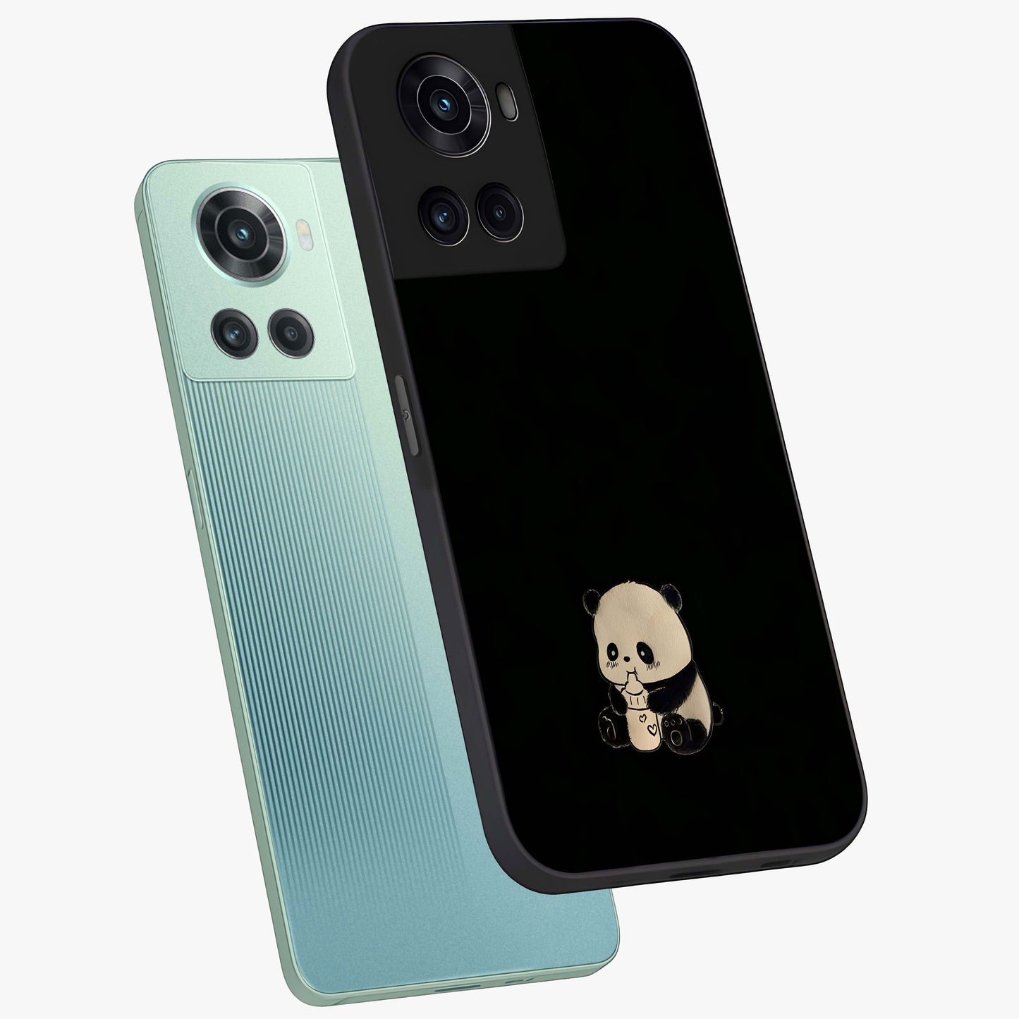 Midnight Panda Love Glass Case for 1+10R angled mockup showcasing glossy finish and soft contrast tones
