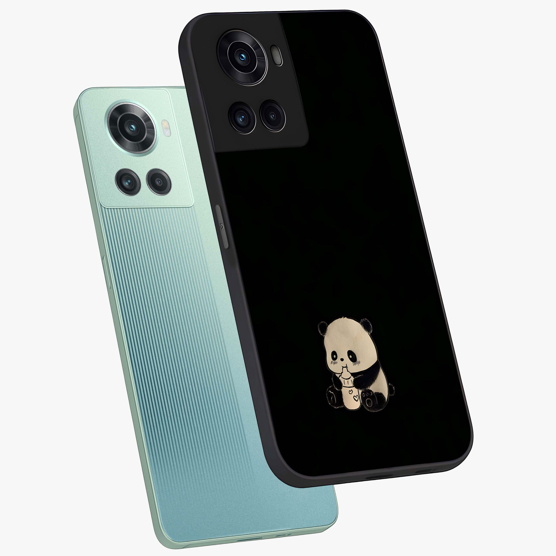 Midnight Panda Love Glass Case for 1+10R angled mockup showcasing glossy finish and soft contrast tones