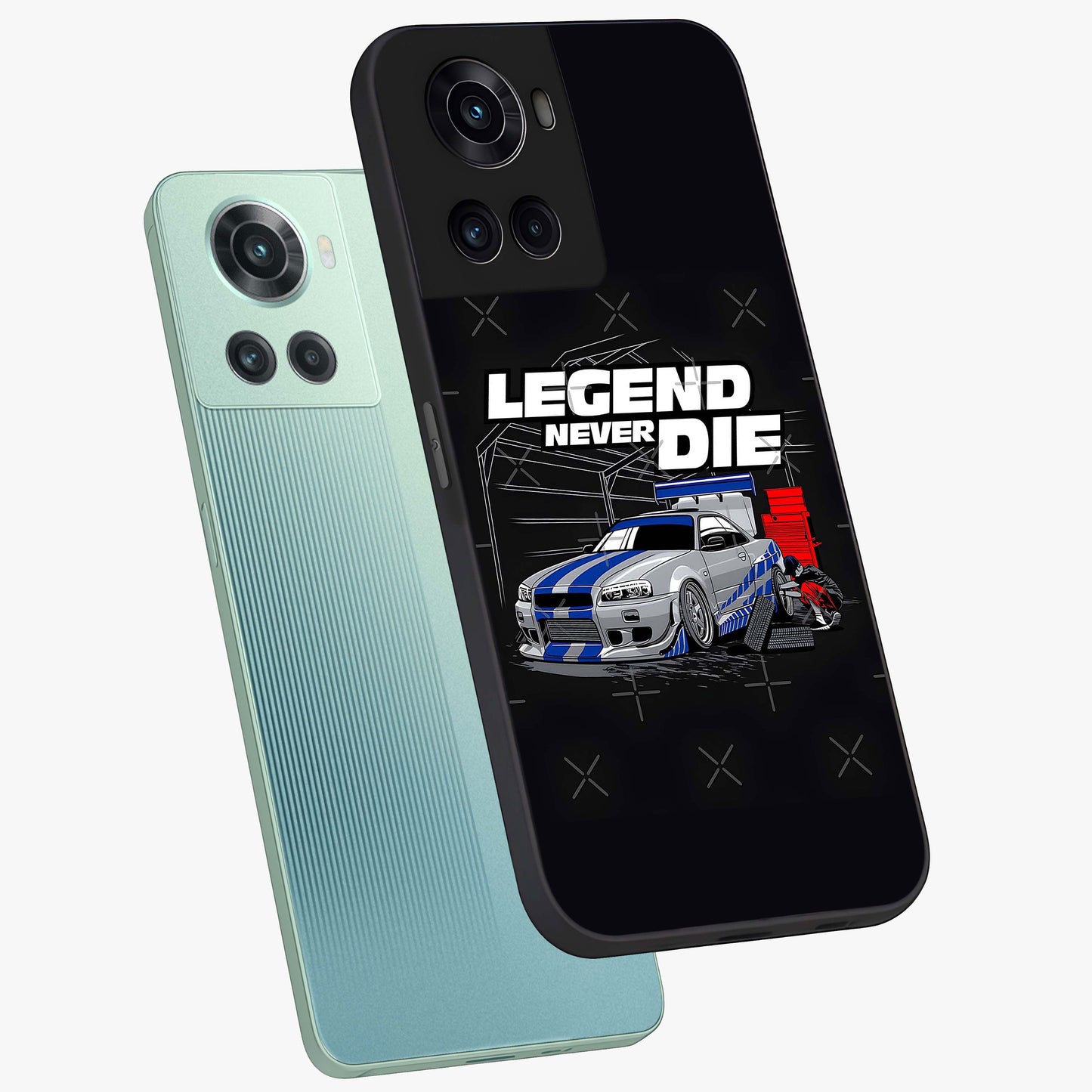 Midnight Racing Legacy Glass Case for 1+10R angled mockup showcasing glossy glass finish and dynamic motion detailing
