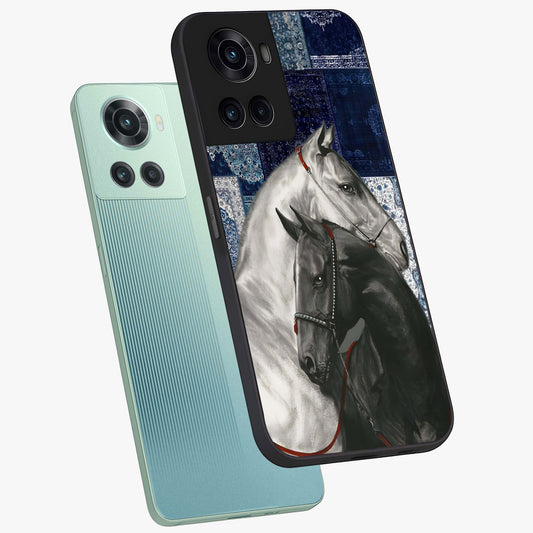 Midnight Stallion Blues Glass Case for 1+10R angled mockup showcasing glossy finish and dramatic equestrian detailing