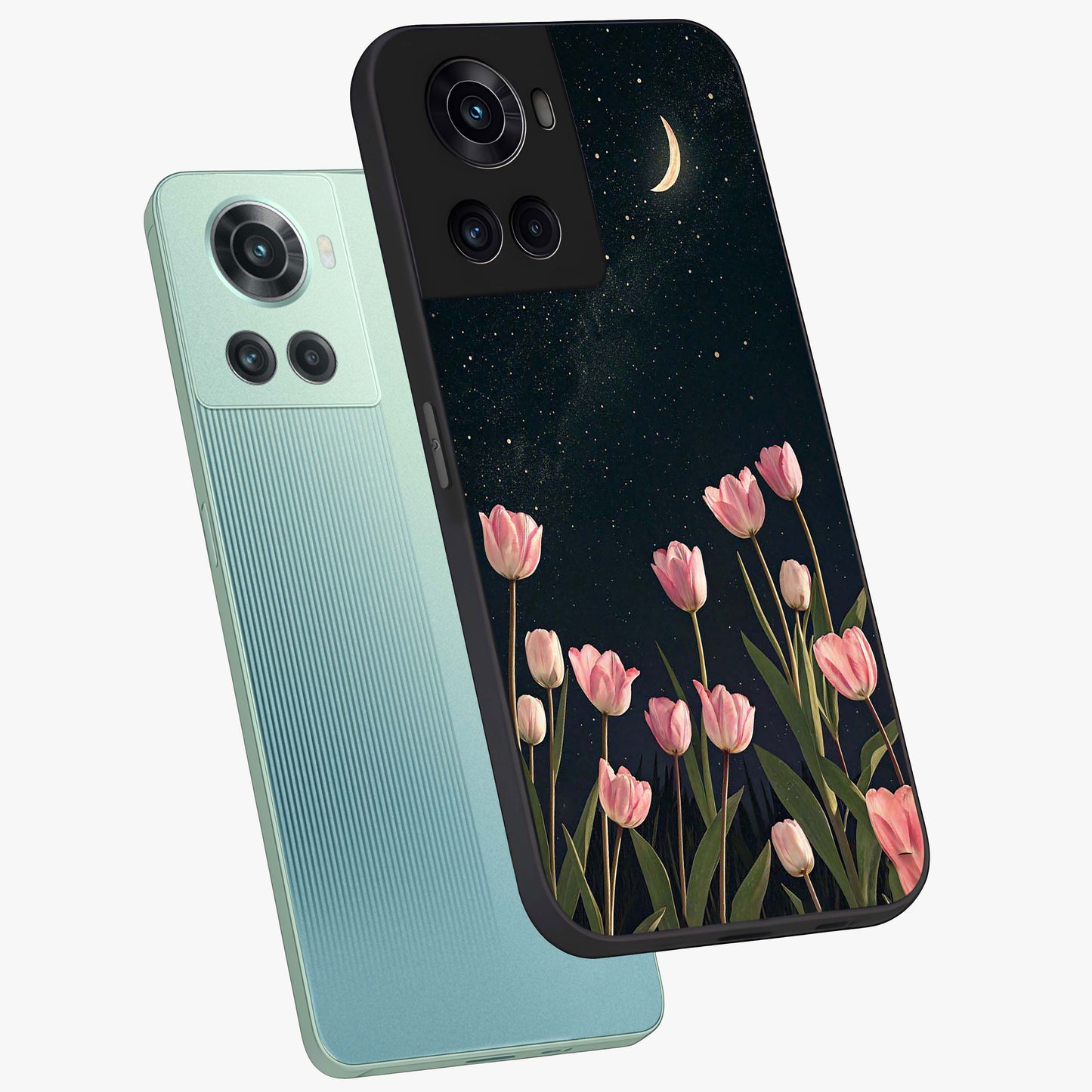 Midnight Tulip Whispers Vibe Glass Case for 1+10R angled mockup showcasing glossy finish and subtle bloom detailing