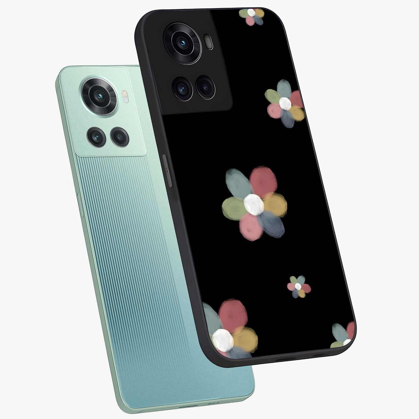 Minimal Floral Charm Glass Case for 1+10R angled mockup showcasing glossy finish and soft pastel tones