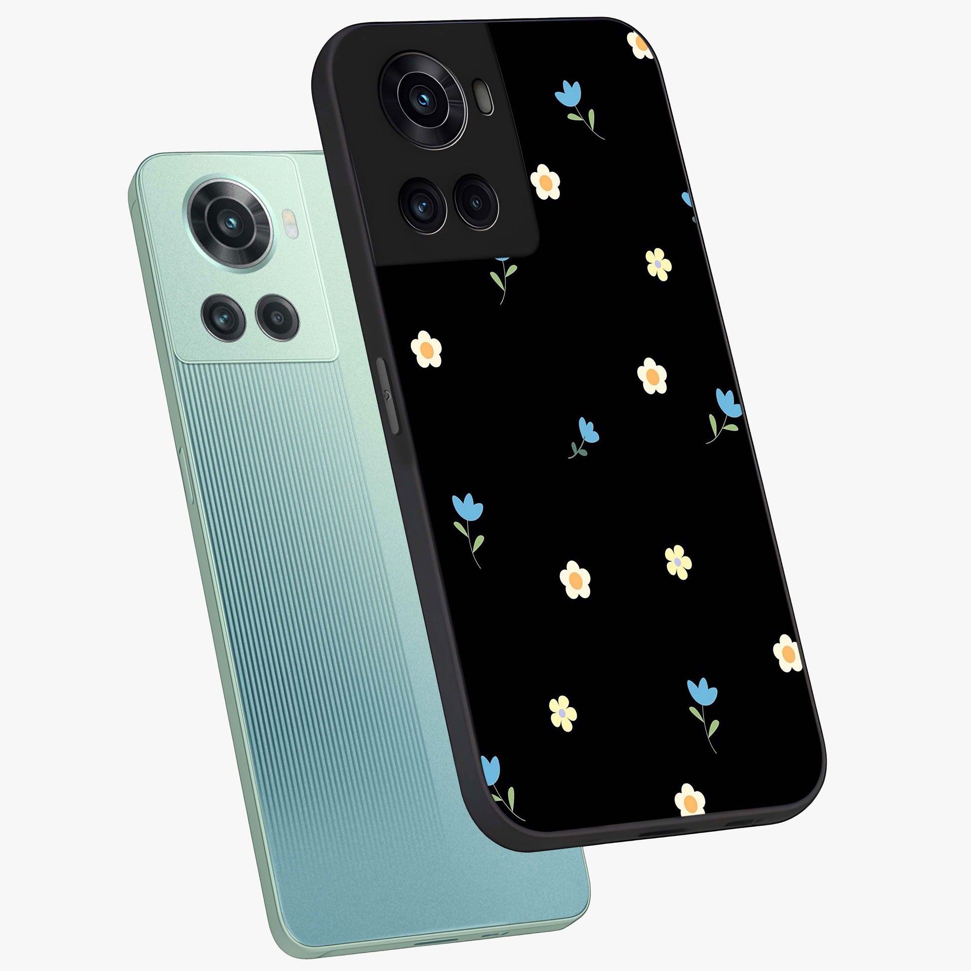 Minimalistic Blue With White Flower Pattern Glass Case for 1+10R angled mockup showcasing glossy finish and crisp clean detailing