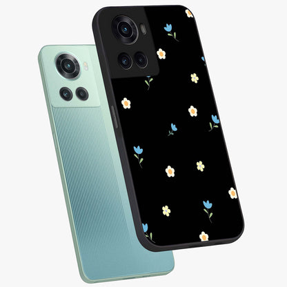 Minimalistic Blue With White Flower Pattern Glass Case for 1+10R angled mockup showcasing glossy finish and crisp clean detailing